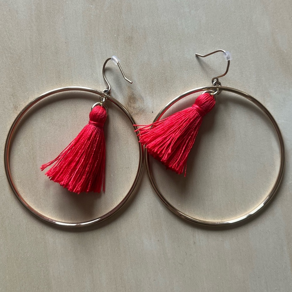 J.Crew hoop earrings with red tassels